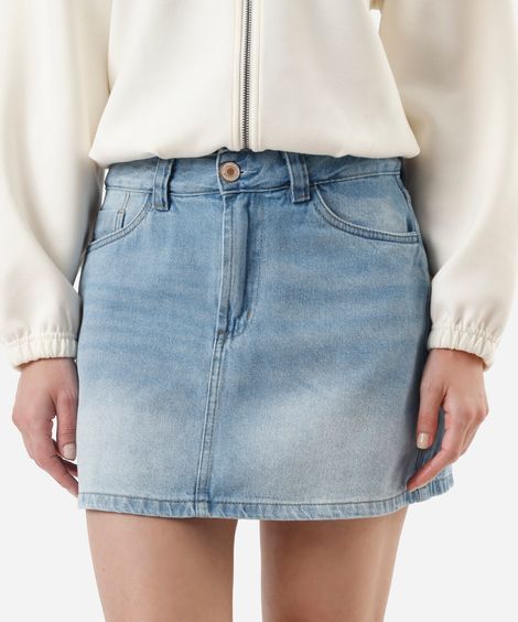 short saia jeans cintura alta azul