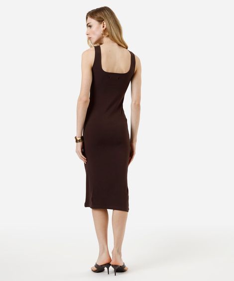 vestido midi feminino de algodão decote quadrado básico marrom
