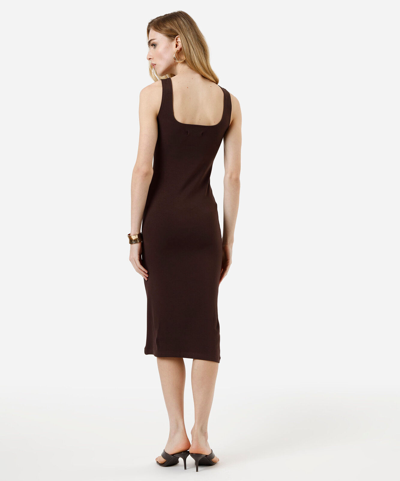 vestido midi feminino de algodão decote quadrado básico marrom
