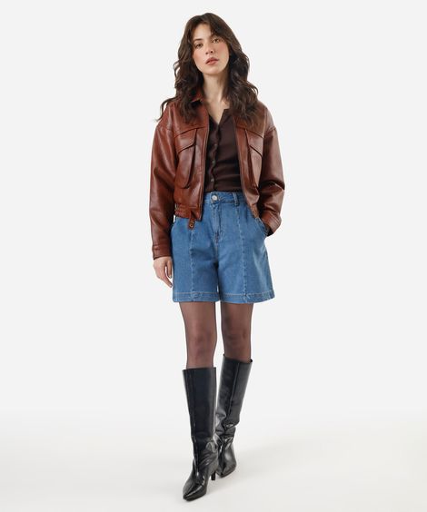 bermuda feminina jeans com recorte cintura alta azul