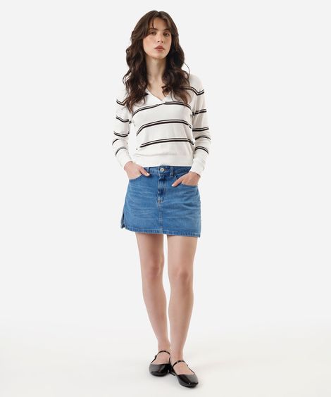 short saia jeans cintura alta com fenda azul