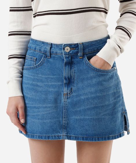 short saia jeans cintura alta com fenda azul