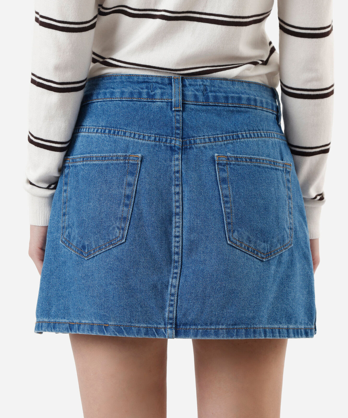 short saia jeans cintura alta com fenda azul