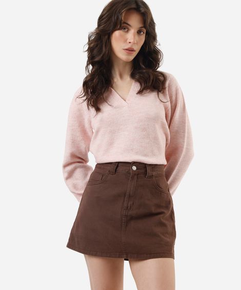 short saia feminino de sarja cintura alta marrom