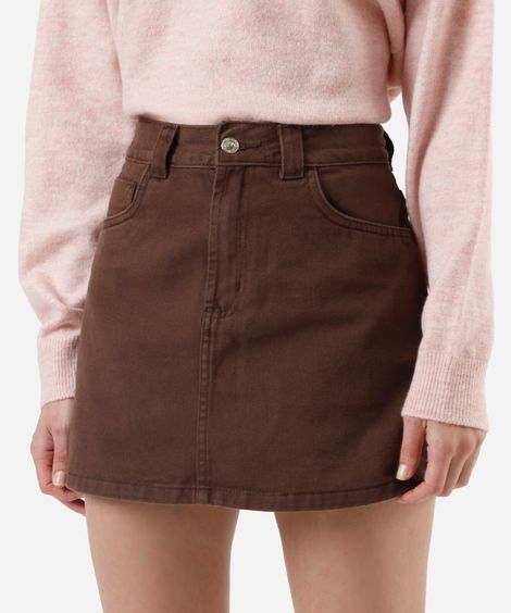 short saia feminino de sarja cintura alta marrom