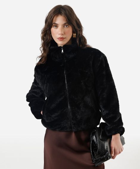 jaqueta feminina de pelúcia gola alta preta