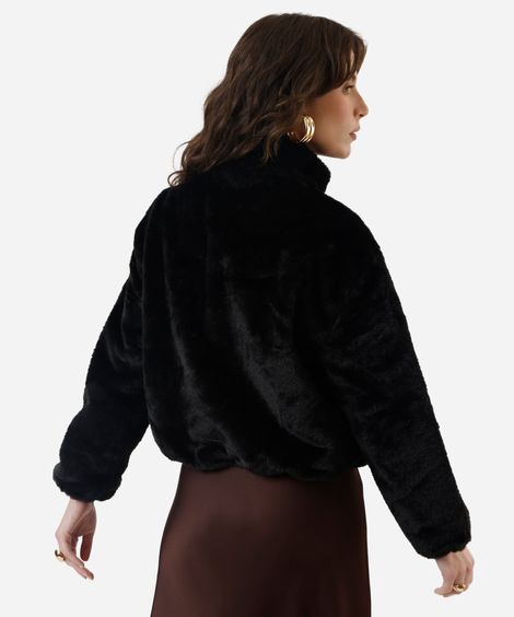 jaqueta feminina de pelúcia gola alta preta