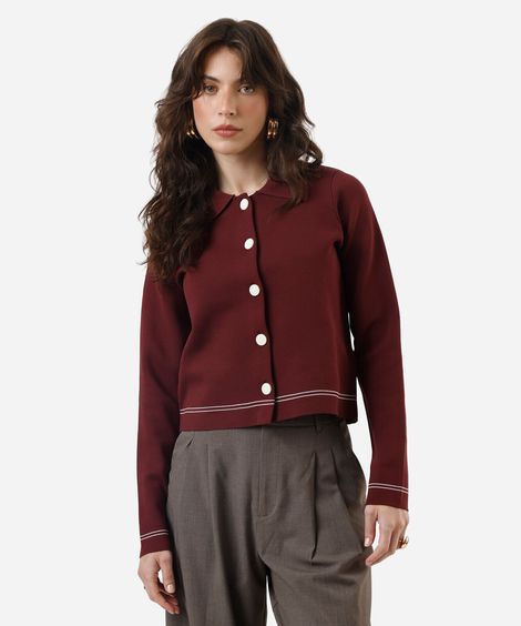 casaco feminino de tricot com listras vinho