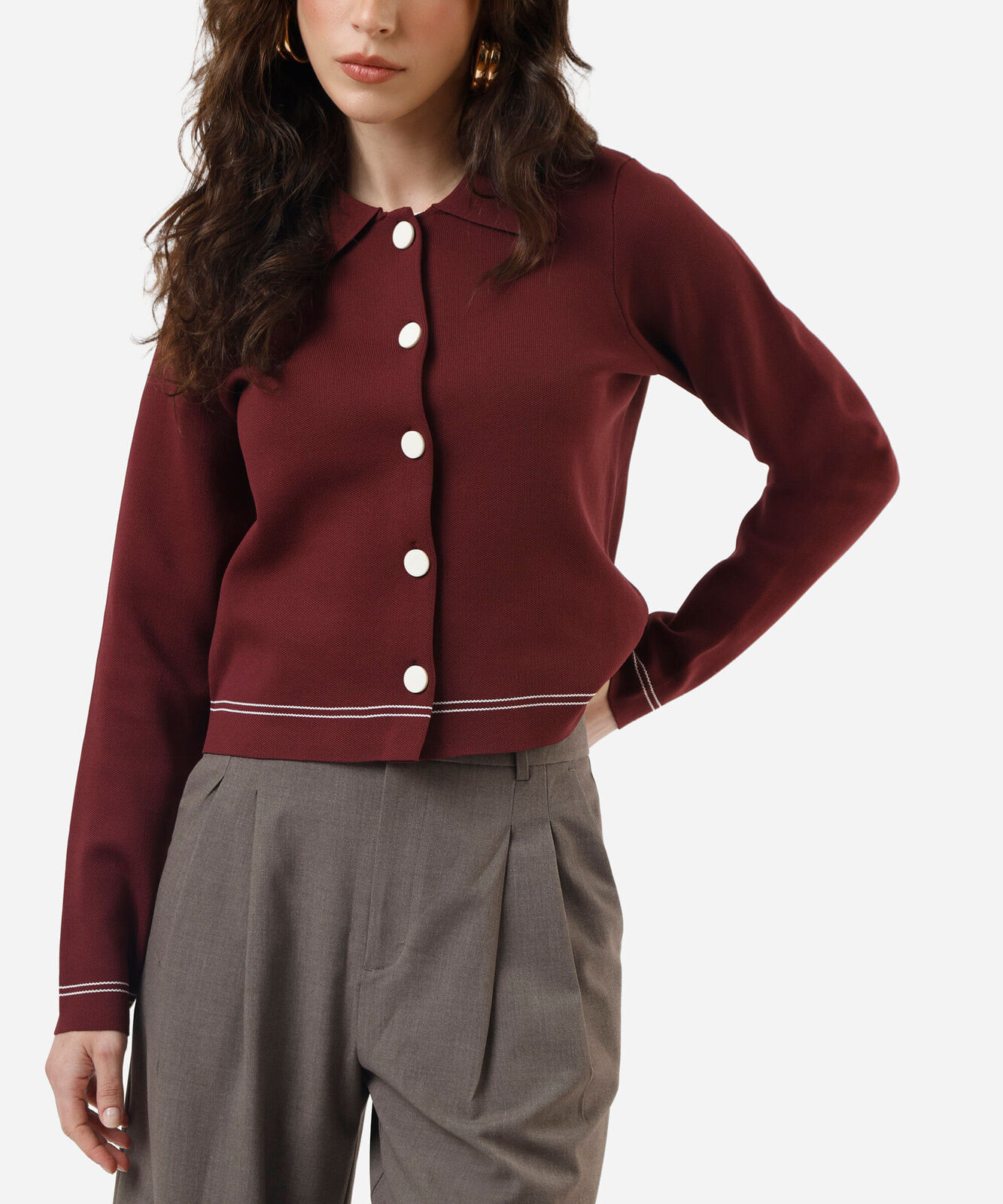 casaco feminino de tricot com listras vinho