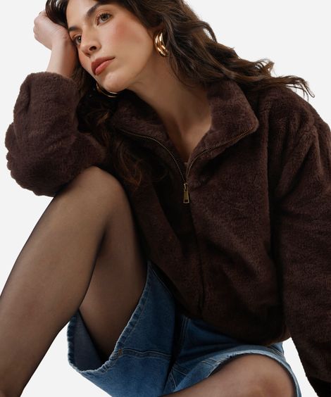 jaqueta feminina de pelúcia gola alta marrom