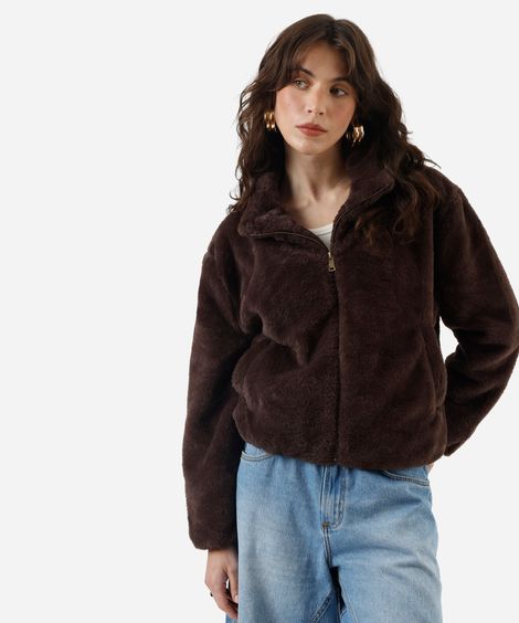 jaqueta feminina de pelúcia gola alta marrom