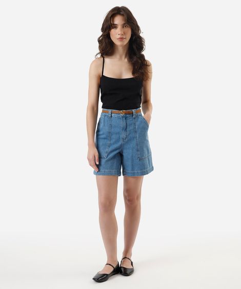 bermuda reta feminina jeans com cinto azul