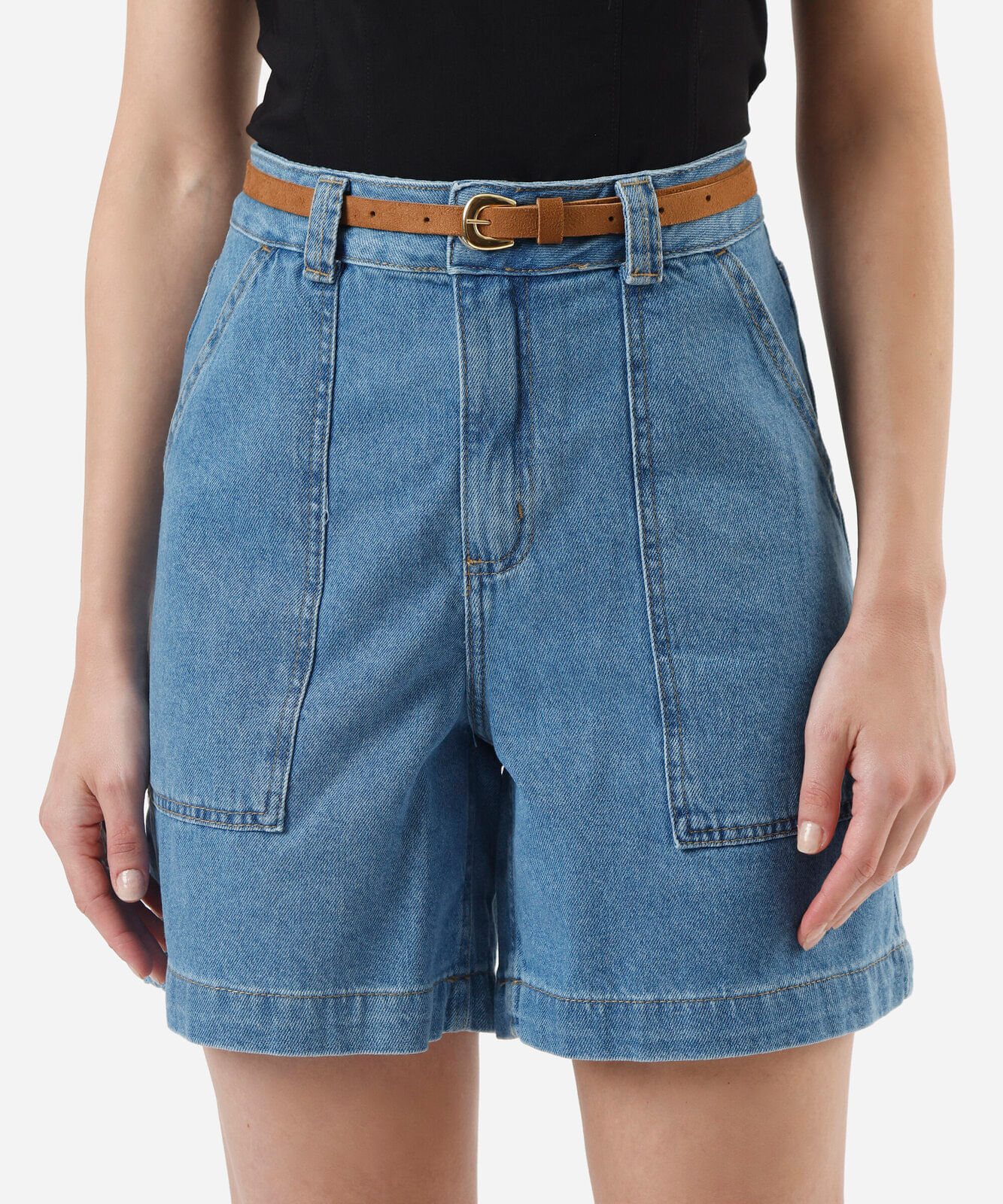 bermuda reta feminina jeans com cinto azul