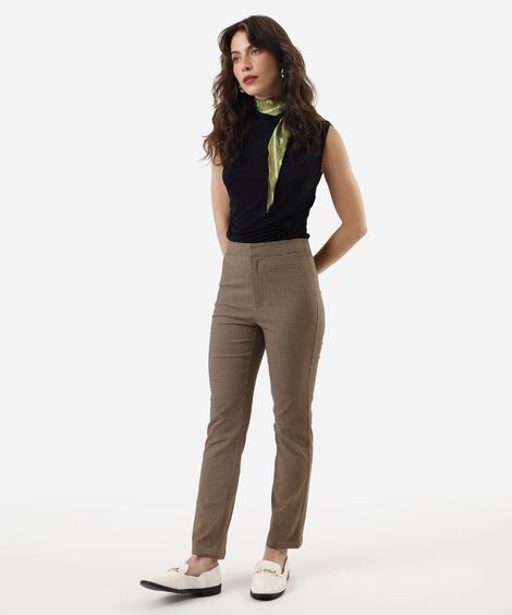 calça skinny de alfaiataria feminina xadrez bege