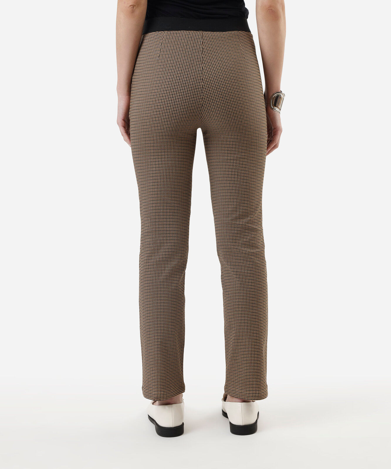 calça skinny de alfaiataria feminina xadrez bege