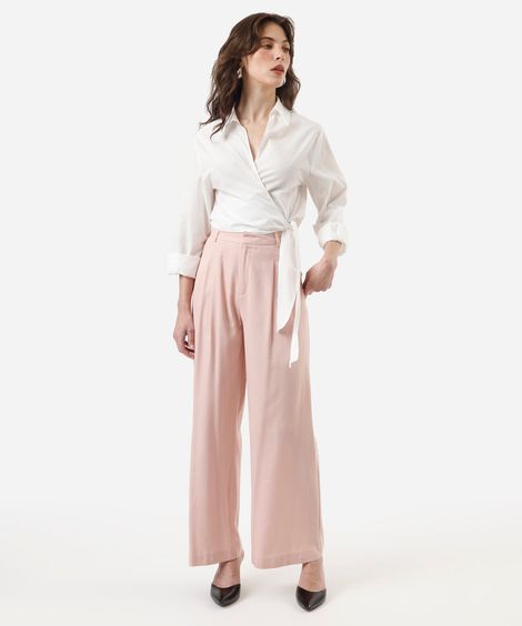 calça wide leg de alfaiataria feminina com linho e pregas rosa