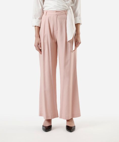 calça wide leg de alfaiataria feminina com linho e pregas rosa