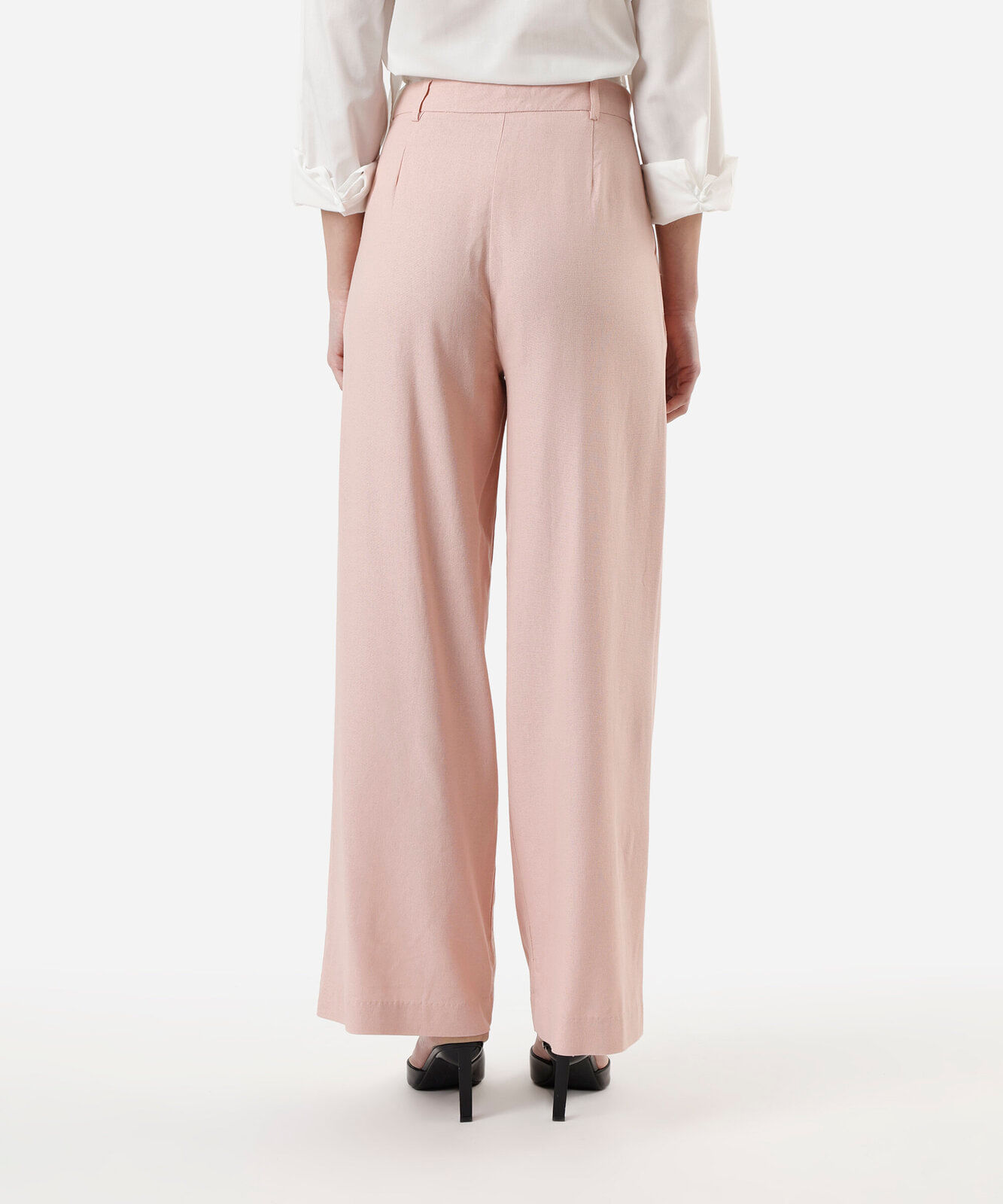 calça wide leg de alfaiataria feminina com linho e pregas rosa