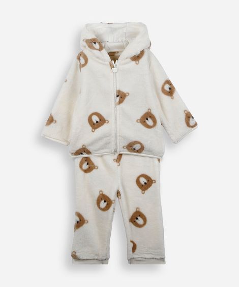 conjunto longo infantil com capuz ursinho off white