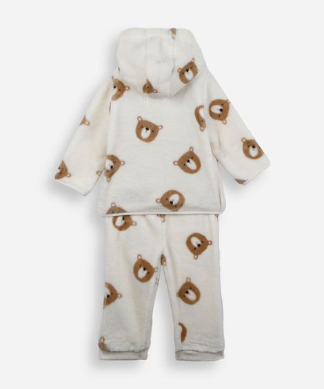 conjunto longo infantil com capuz ursinho off white