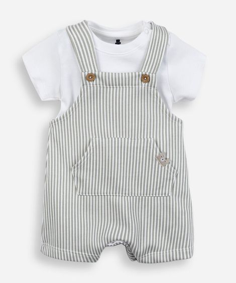 jardineira infantil com camiseta listrada off white