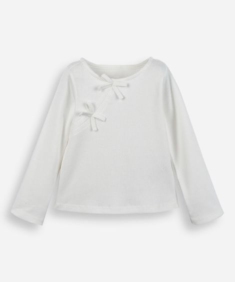 blusa infantil de algodão manga longa com lacinhos off white