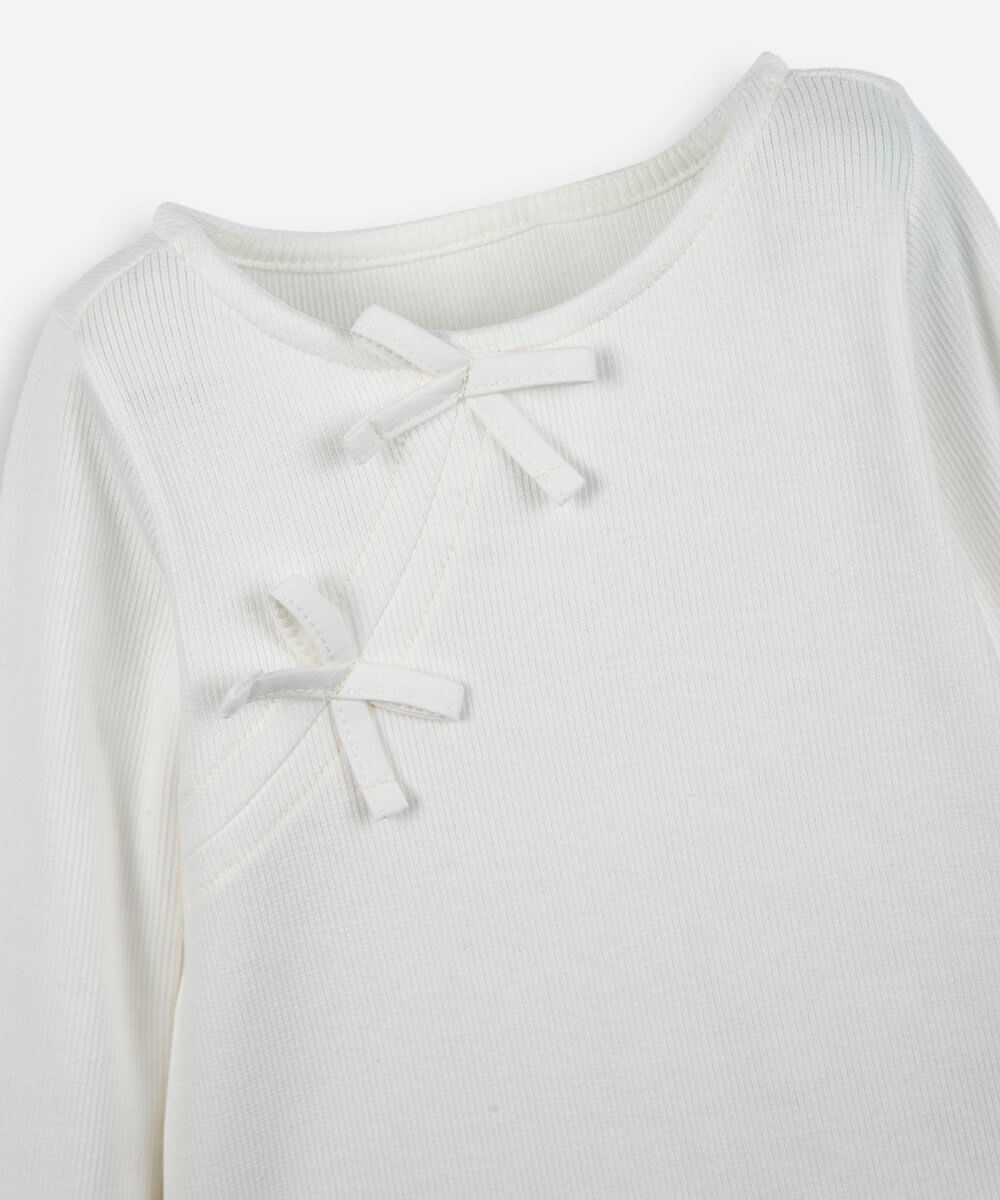 blusa infantil de algodão manga longa com lacinhos off white