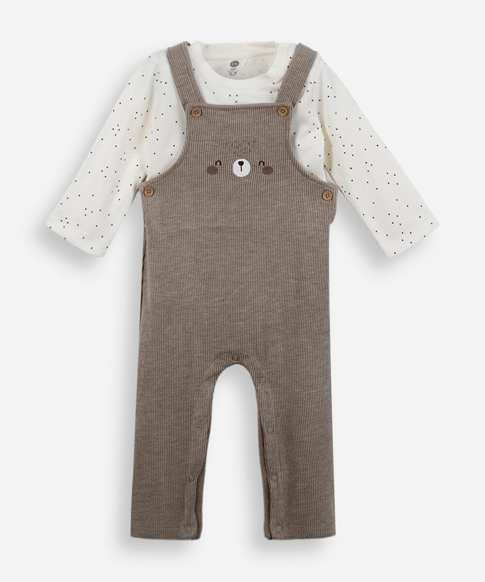 jardineira infantil com blusa bichinho marrom