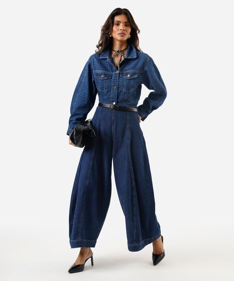 calça maxi balloon feminina jeans com recorte azul