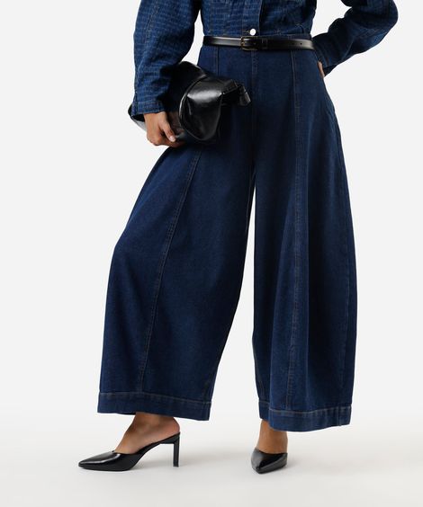 calça maxi balloon feminina jeans com recorte azul