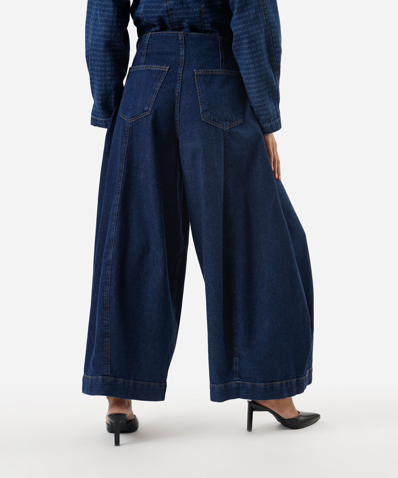 calça maxi balloon feminina jeans com recorte azul