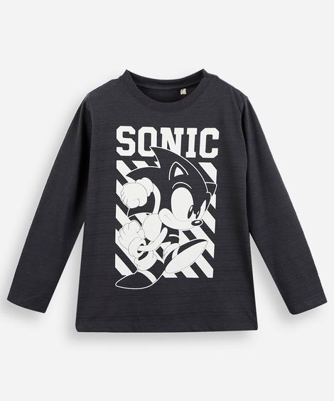 blusa infantil de algodão manga longa sonic cinza