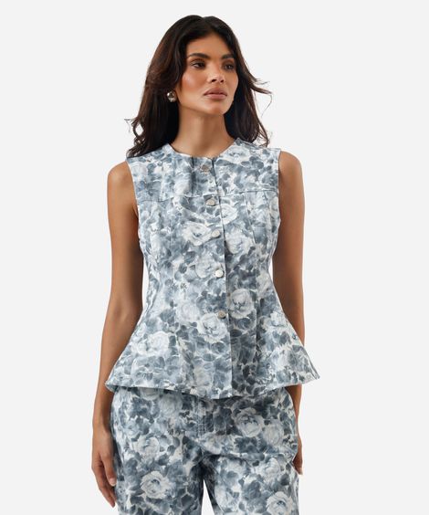 colete feminino de sarja com recortes floral off white