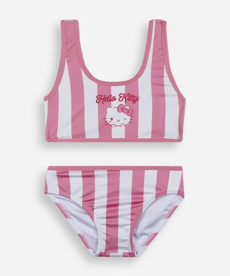 biquíni infantil hello kitty com proteção uv listrado rosa