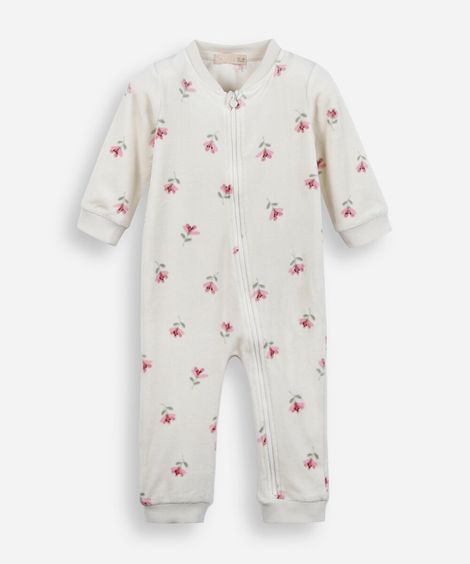 macacão longo infantil de plush floral bege