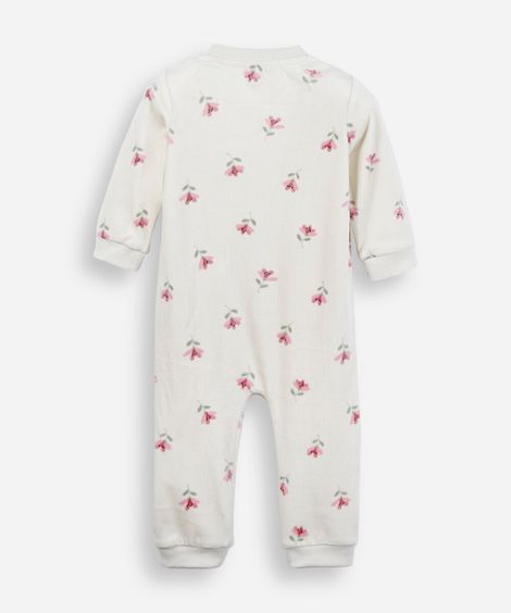 macacão longo infantil de plush floral bege