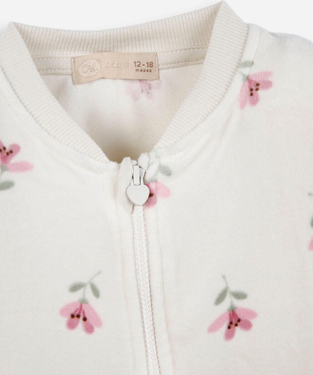 macacão longo infantil de plush floral bege