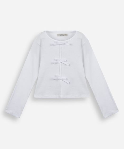 blusa infantil de algodão manga longa canelada com lacinhos off white
