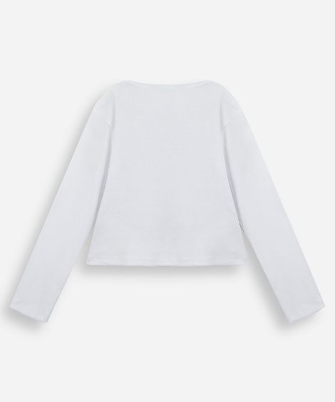 blusa infantil de algodão manga longa canelada com lacinhos off white
