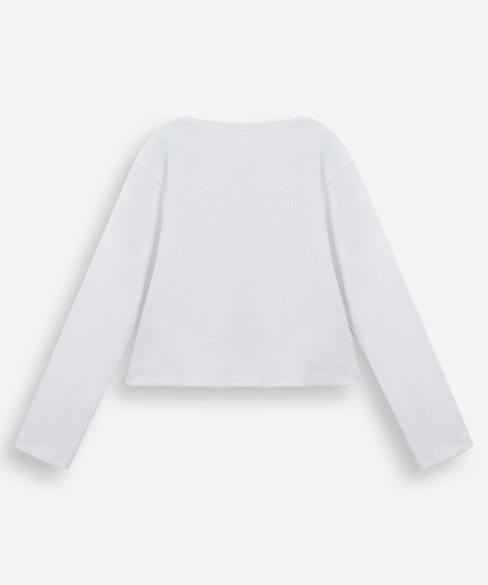 blusa infantil de algodão manga longa canelada com lacinhos off white
