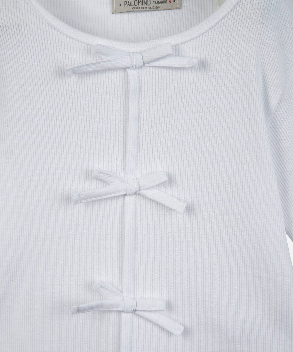 blusa infantil de algodão manga longa canelada com lacinhos off white