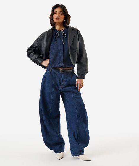 calça barrel jeans cintura média azul