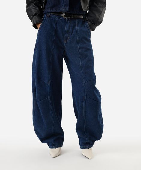 calça barrel jeans cintura média azul