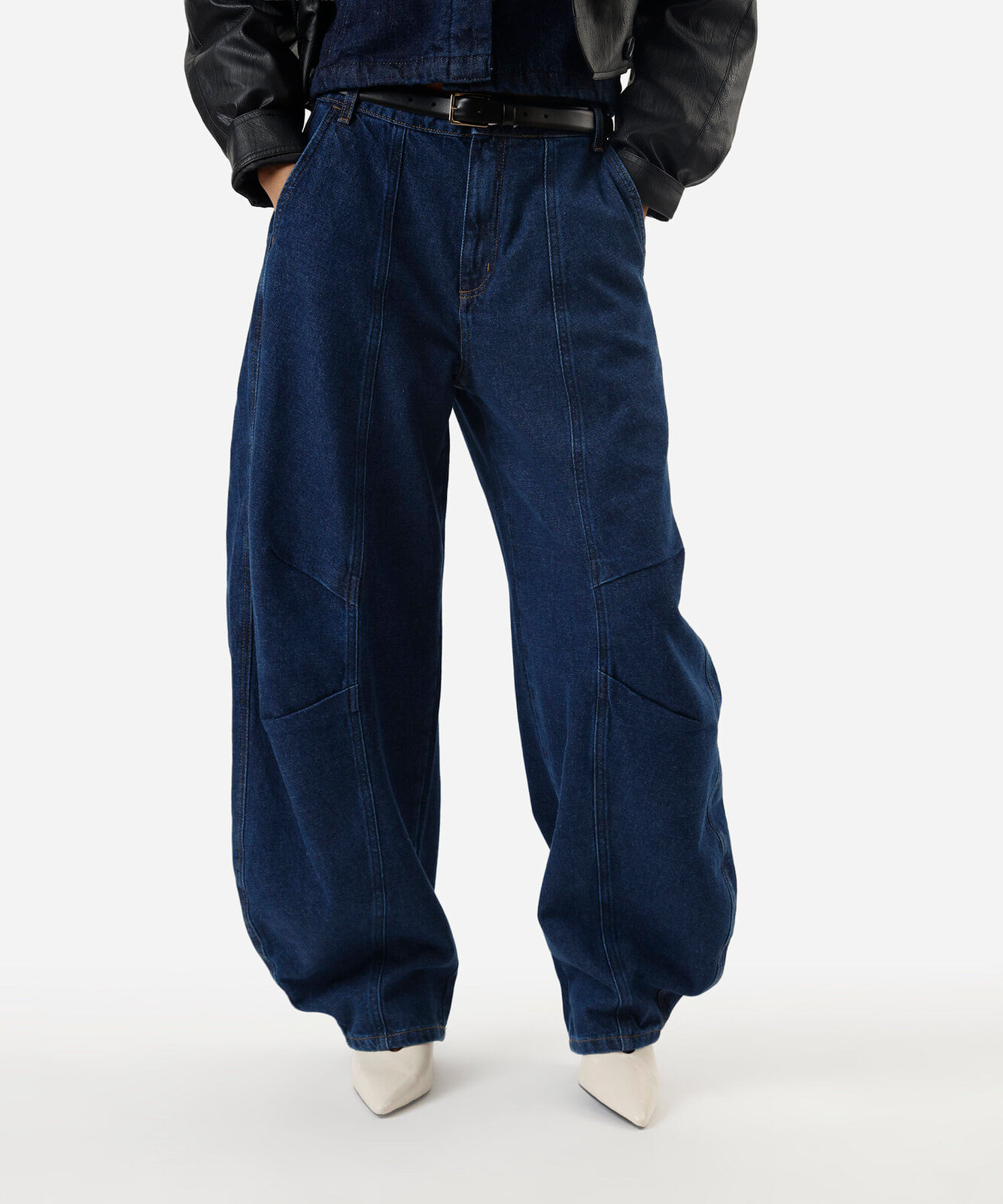 calça barrel jeans cintura média azul