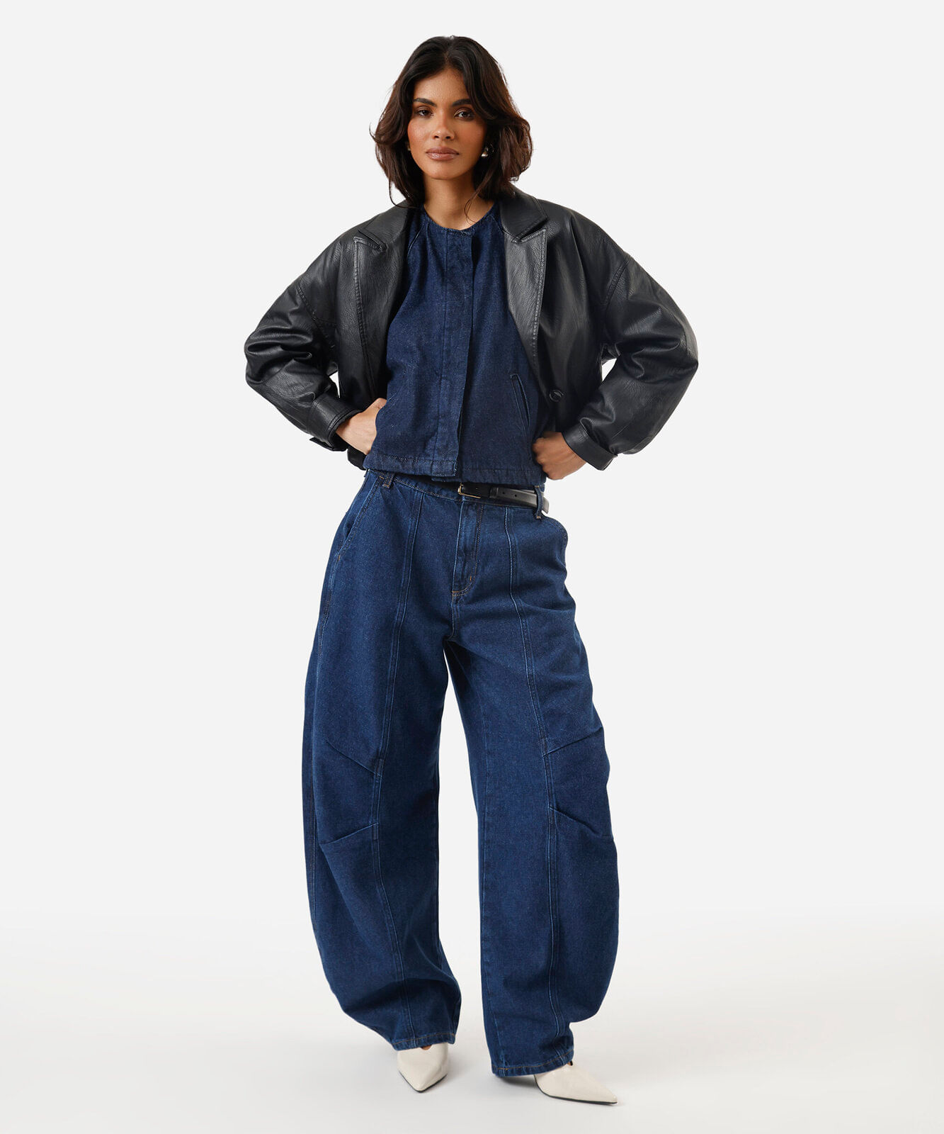 calça barrel jeans cintura média azul