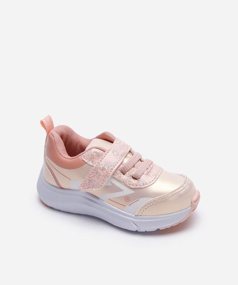 tênis infantil com recortes e velcro holográfico rosa