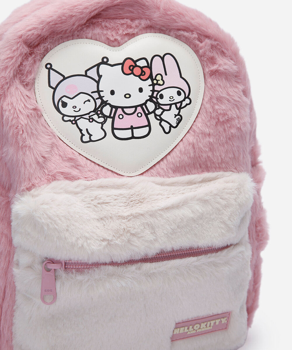 mochila infantil de pelúcia hello kitty e amigos rosa