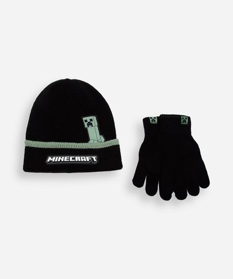kit infantil de gorro e luvas de tricot minecraft preto
