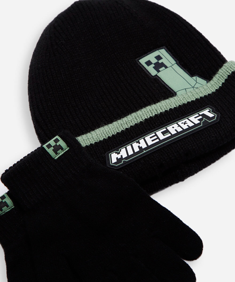kit infantil de gorro e luvas de tricot minecraft preto