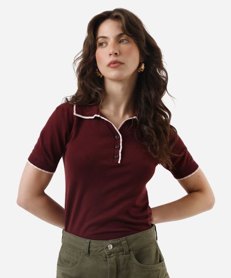 polo feminina de tricot manga curta vinho